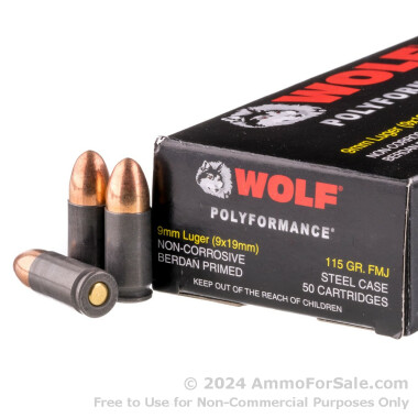 50 Rounds of 115gr FMJ 9mm Ammo by Wolf Polyformance