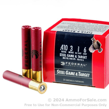 25 Rounds of 3" 3/8 oz. #6 shot .410 Ammo by Federal Steel Game & Target