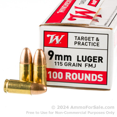 100 Rounds of 115gr FMJ 9mm Ammo by Winchester