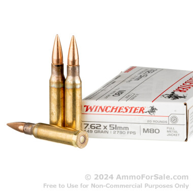 20 Rounds of 149gr FMJ M80 7.62x51 Ammo by Winchester