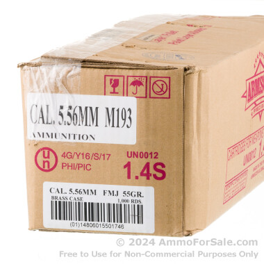 1000 Rounds of 55gr FMJBT M193 5.56x45 Ammo by Armscor