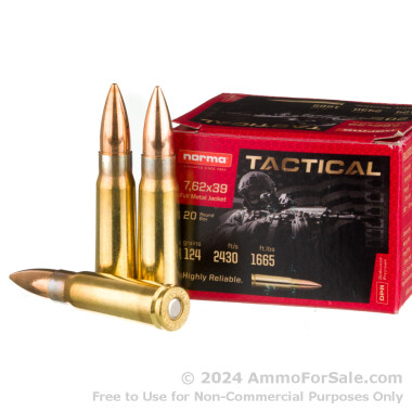 20 Rounds of 124gr FMJ 7.62x39 Ammo by Norma