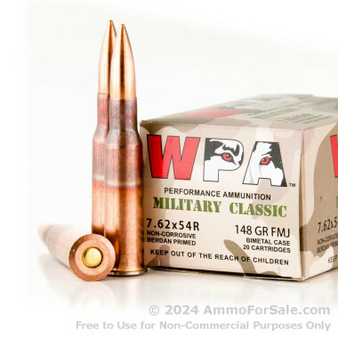 20 Rounds of 148gr FMJ 7.62x54r Ammo by Wolf Military Classic