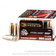 20 Rounds of 135gr JHP 9mm Ammo by Federal Hydra-Shok Deep